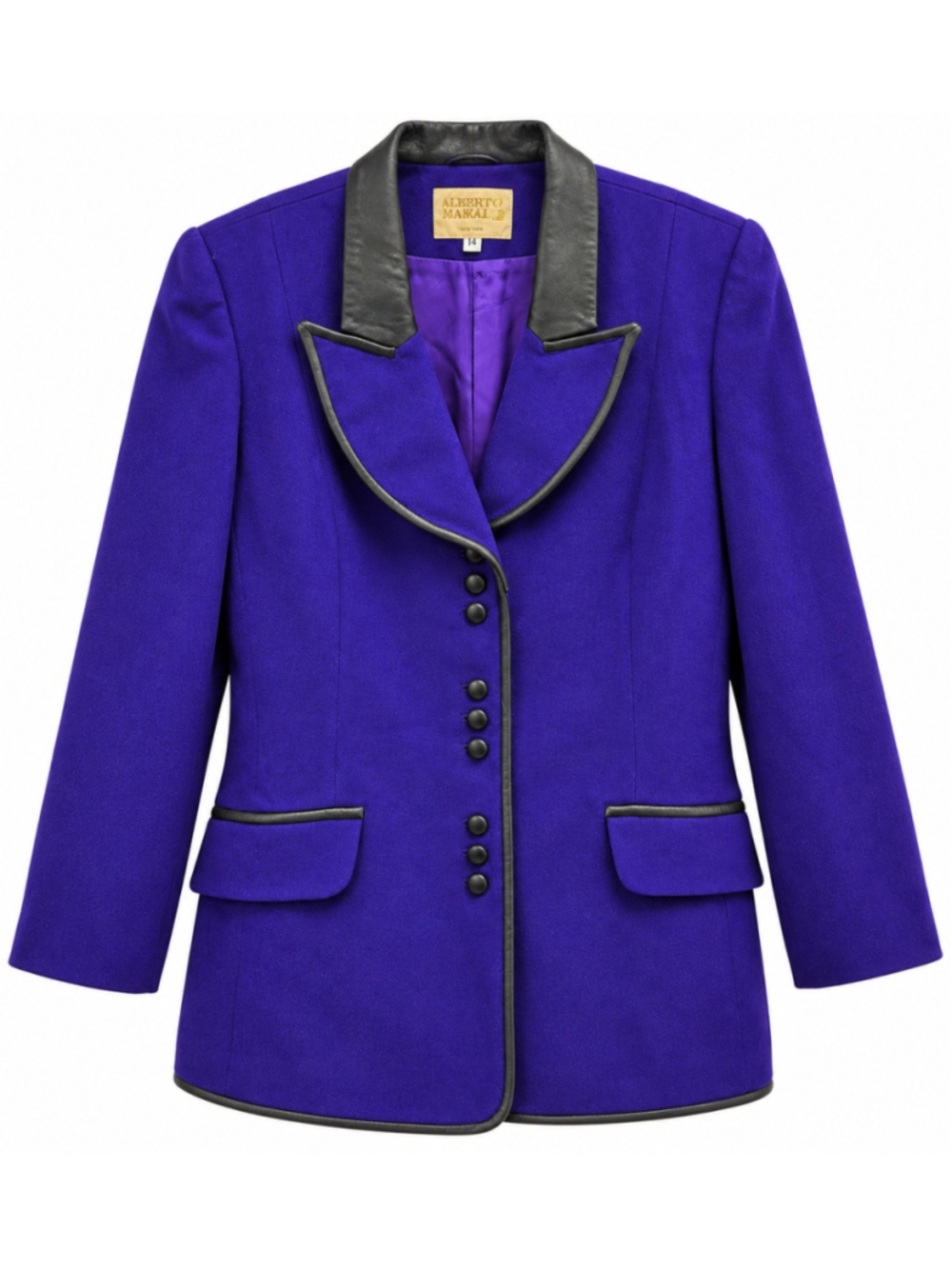 Vintage Alberto Makali Purple Blazer Size 14 Black Leather Trim Statement Jacket